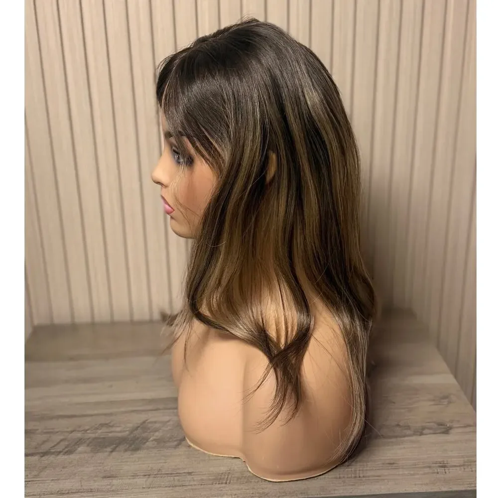 Human Hair Topper 18in Brown Blonde Highlights Clip In Hairpiece NEW